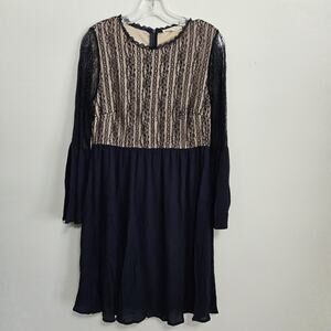 Ambree By Unit Lace Overlay Dress Navy Bell Sleeve Fully Lined Gauzy Skirt Sz L